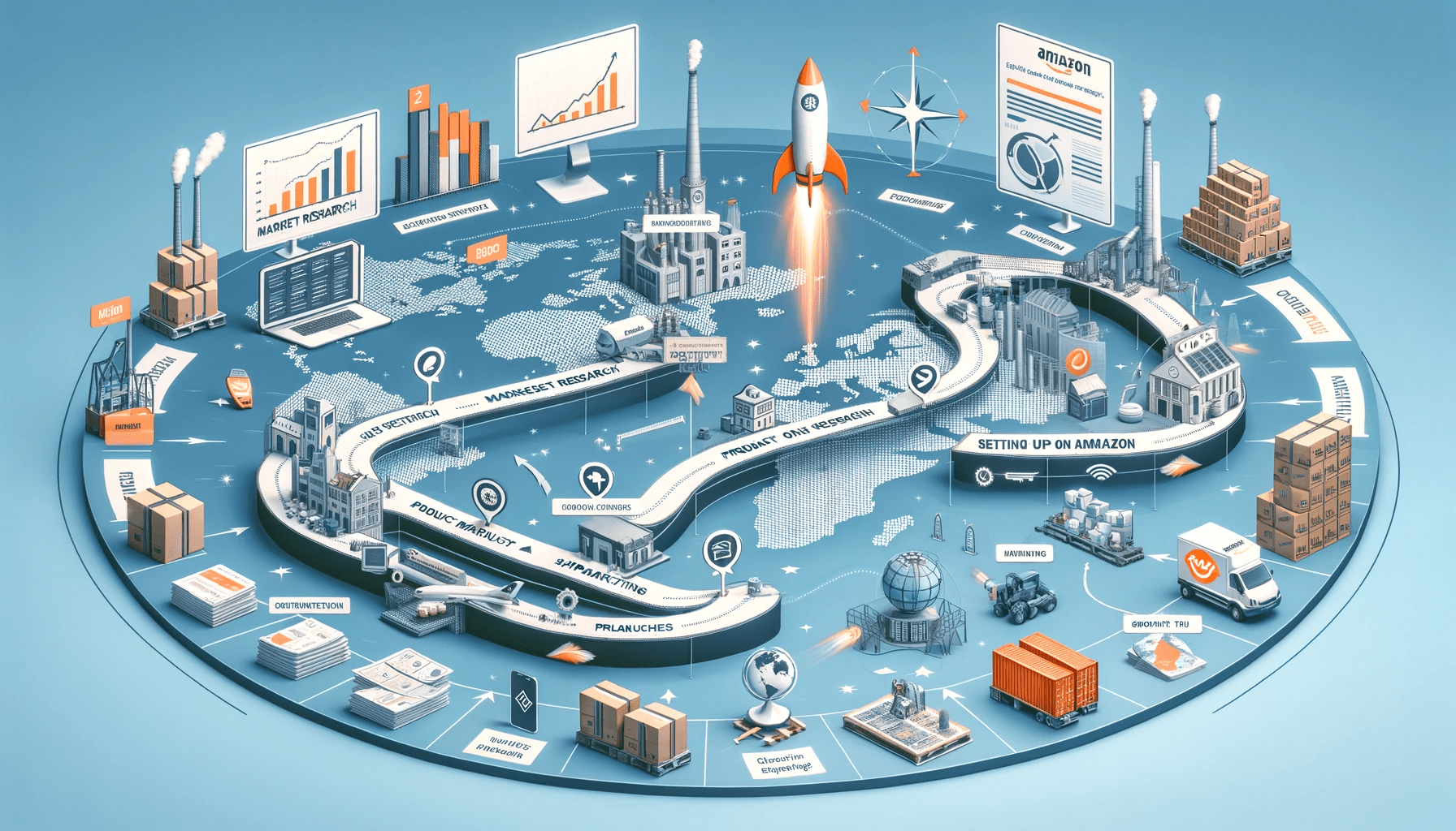 A detailed and interactive graphic illustrating the typical journey of an Amazon business in Europe. The timeline starts on the left and progresses